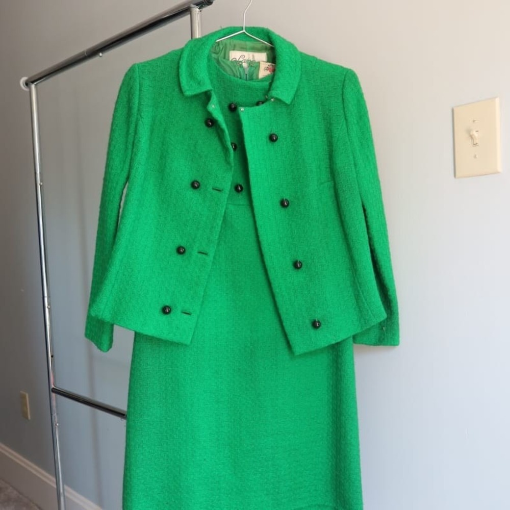 Vintage Lang Kelly Green Tweed Skirt Suit Jacket‎ Skirt Set Black Buttons